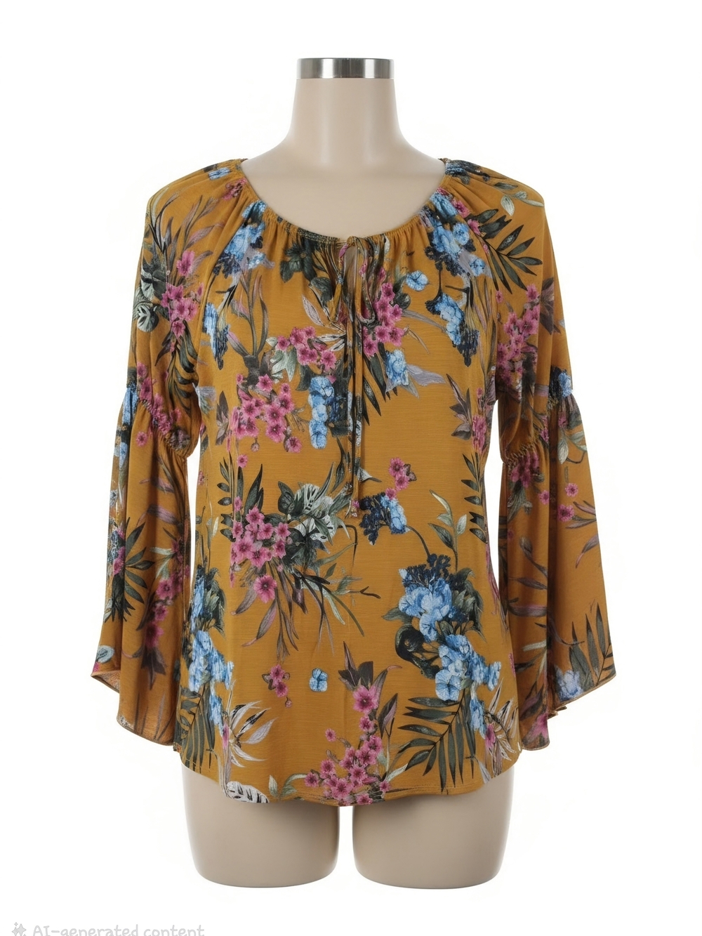 NAIF Mustard Floral Tie-Neck Peasant Blouse